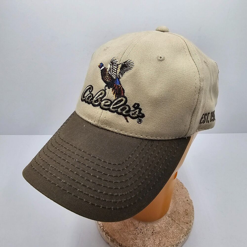 Vintage Cabelas Pheasant Hunting Hat Tan Brown Two Tone Embroidered Strapback OS